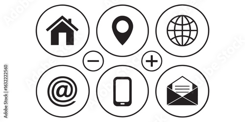 Business card icon set. Contact Us design template. Editable stroke sign pack. Contains icons - name, phone, location, website, address, mail, email, office, mobile, and chat symbol.