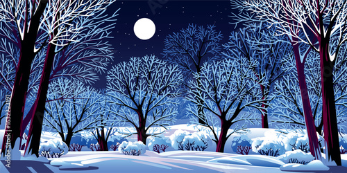 Winter landscape night panorama with trees and bushes under snow in the foreground and starry sky in the background. Handmade drawing vector illustration. Can be used for christmas gifts, decorations.