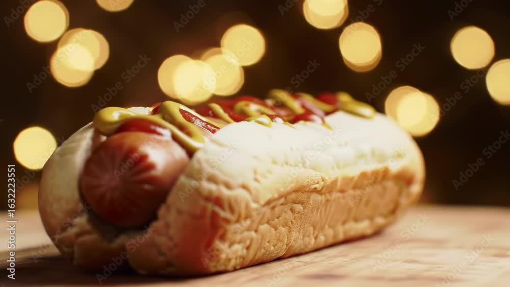 A scrumptious close-up shot of a hot dog on a wooden surface, drizzled with ketchup and mustard, set against a softly blurred background of warm bokeh lights