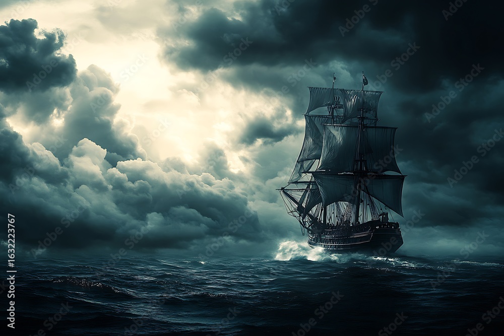 Obraz premium A Dramatic Tall Ship Sailing Through Rough Seas Under a Stormy Cloudscape