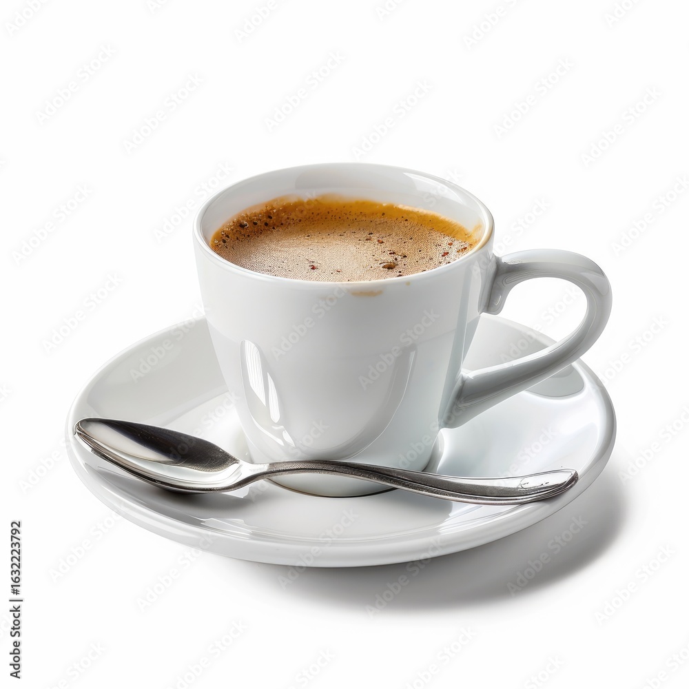 Fototapeta premium White ceramic espresso cup, filled with coffee, on saucer, with spoon