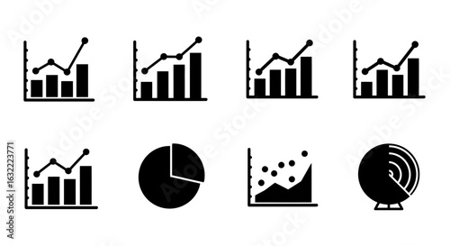 A collection of eight distinct black and white graphic icons representing various types of data visualizations and statistical charts, including bar graphs, ...