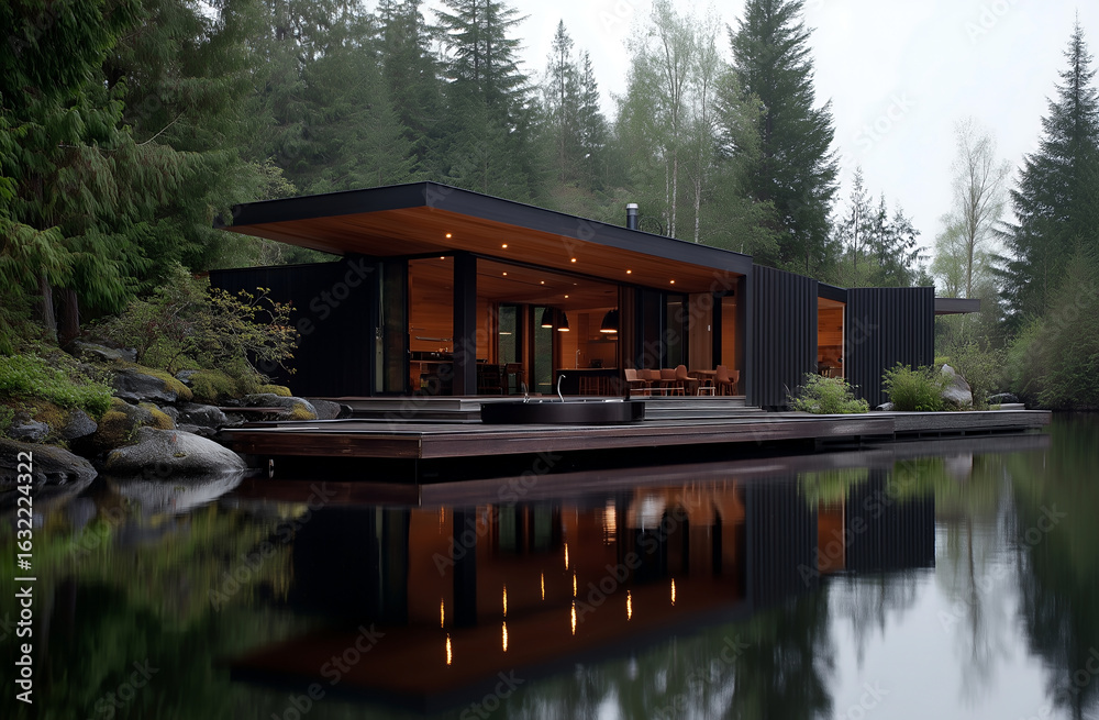 Fototapeta premium Stylish Black Modern Lakeside Home Surrounded By Trees With Reflections In Water On Quiet Serene Day