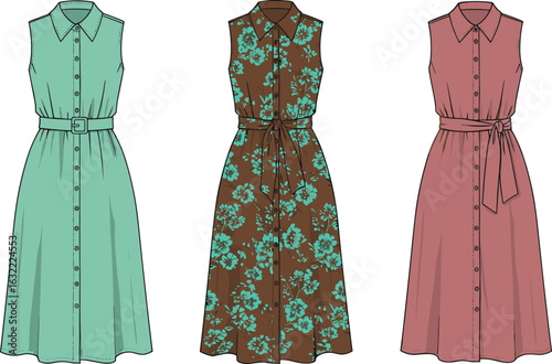 cad drawing flat vector illustration of sleeveless button down shirt dresses, belted waist, floral print and solid colors design