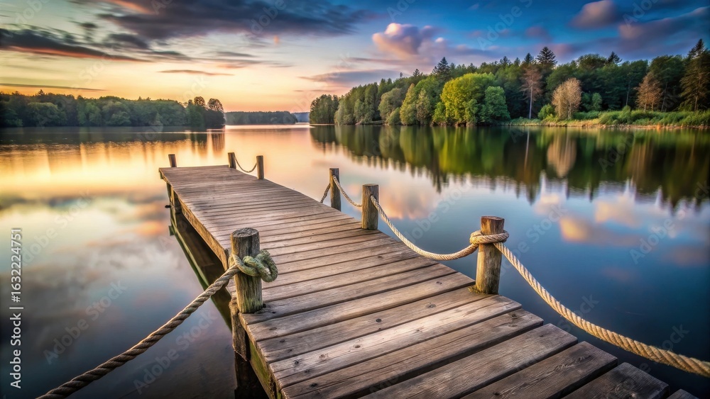 Naklejka premium Serene sunset over tranquil lake reflecting colorful sky, wooden dock extends into calm water, rope railing, peaceful nature scene