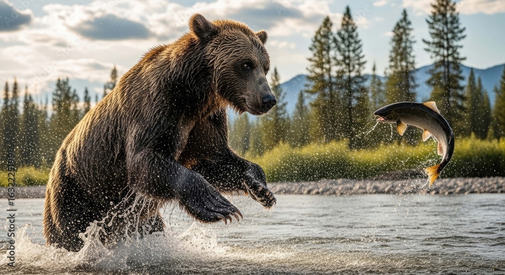 Fototapeta premium dramatic action shot: grizzly bear leaping to catch a soaring salmon in a pristine river, wildlife photography