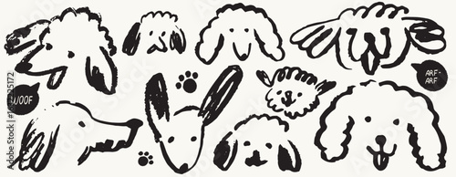 Scribble chalk or charcoal style dogs set. Hand drawn puppy sketches, creative outline funny whimsical grunge charcoal art for tshirt print, placard, poster or stickers. Isolated vector illustrations.