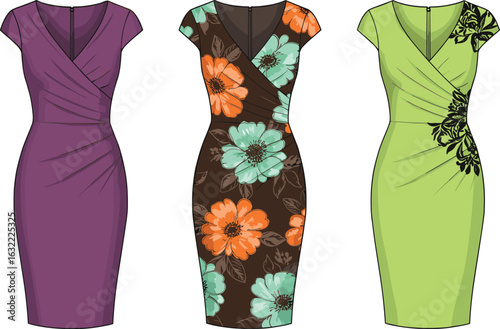 cad drawing flat vector illustration of short sleeve sheath dresses, floral print and solid color designs, wrap front style for women