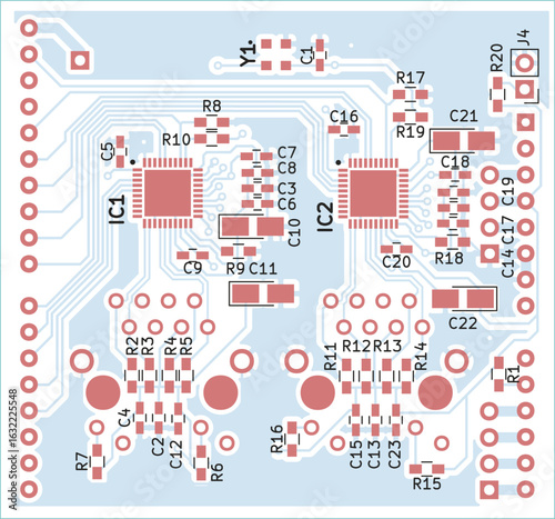 Vector printed circuit board of electronic 
device with components of radio elements, 
conductors and contact pads placed on pcb. 
Engineering technical drawing. Computer technic cad design.