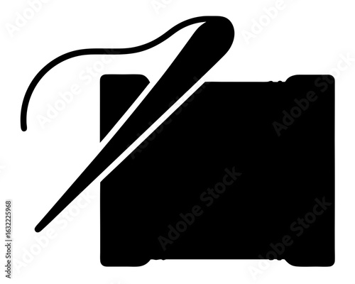 Black and white graphic illustration of sewing needle and thread spool