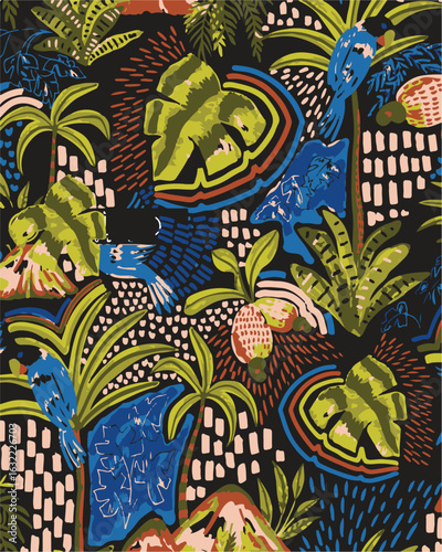 Parrot Forest, tropical leafs seamless pattern. tropical vector illustration.