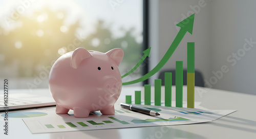 Financial Growth and Investment Success Concept with Piggy Bank and Upward Graph Chart