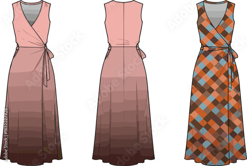 cad drawing flat vector illustration of sleeveless wrap maxi dresses, gradient ombre dress, plaid patterned long dress, back and front view