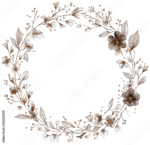 Delicate floral wreath in muted tones.  A circle frame of various small flowers and leaves, drawn with light, elegant lines in muted gray and brown