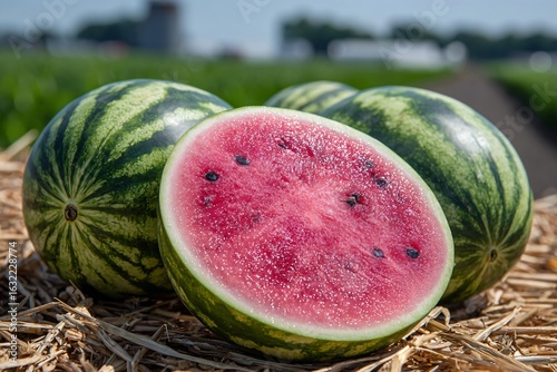 Whole and halved watermelons on straw in open field