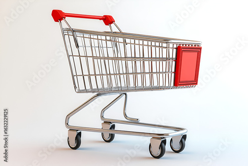 An empty metal shopping cart with a red handle and panel, isolated on a clean white background.