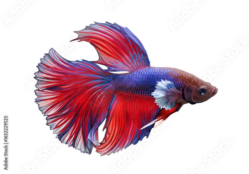 Betta Fish Illustration – Colorful Siamese Fighting Fish Clipart – Red Blue Fins Art – Aquarium Tropical Fish Drawing for Pet Lovers and Decor

