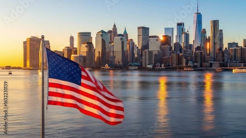 A cinematic shot of the American flag waving in front of the iconic New York City skyline and river, symbolizing national pride and urban strength