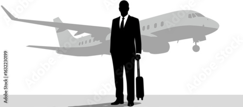 Executive Aviation: A silhouette of a distinguished businessman stands confidently against a backdrop of sleek aircraft, symbolizing the dynamism of air travel and business. 
