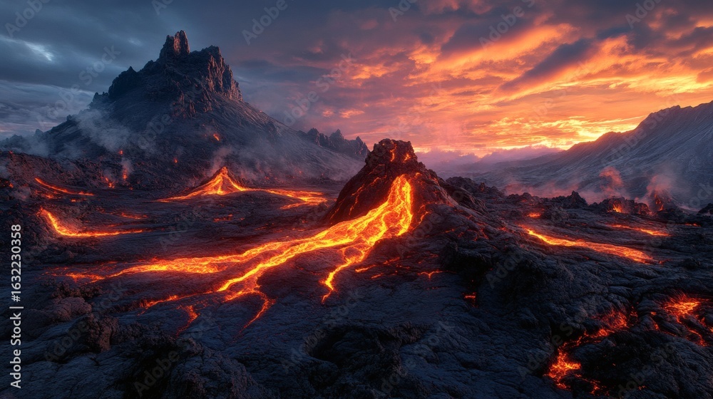 Obraz premium Molten lava flows across a volcanic landscape at sunset.