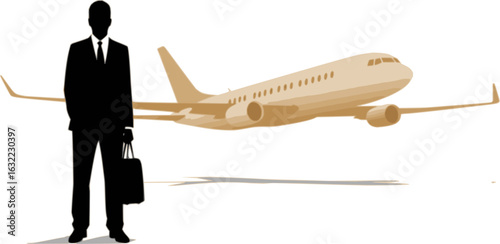 Executive Aviation: A silhouette of a distinguished businessman stands confidently against a backdrop of sleek aircraft, symbolizing the dynamism of air travel and business. 