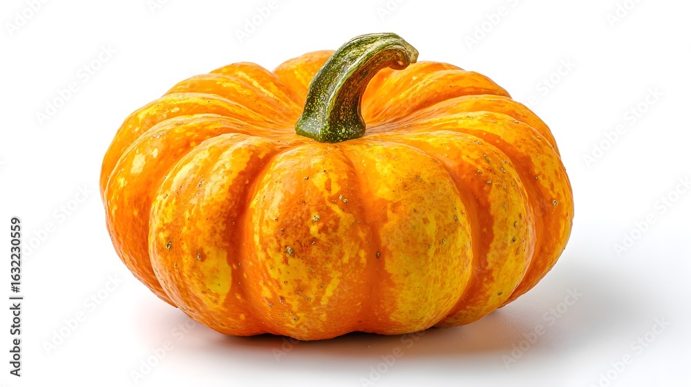 Fototapeta premium A single orange pumpkin with a green stem on its top. The textured surface is a vibrant color