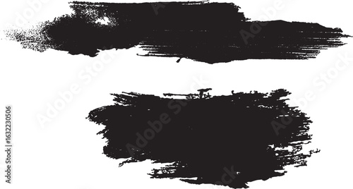 A collection vector of varied black brushstrokes, circles, and abstract shapes with rough textures, brush stroke on a transparent background, creating a textured, artistic design element with high con
