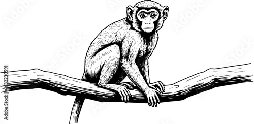Curious Monkey Perched on Branch: This eye-catching black-and-white illustration captures a curious monkey perched on a sturdy branch, offering a timeless artistic expression. 
