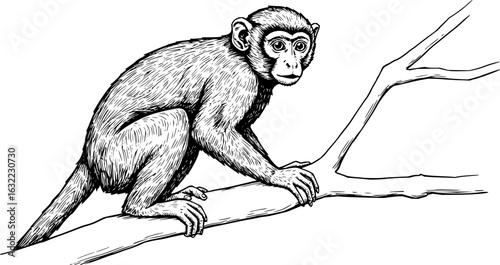 Curious Monkey Perched on Branch: This eye-catching black-and-white illustration captures a curious monkey perched on a sturdy branch, offering a timeless artistic expression. 
