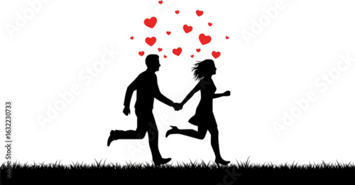 Enduring bond silhouette: A silhouetted depiction of a man and woman, hand-in-hand, running together, with love hearts gracefully adorning the backdrop, depicting everlasting affection. 