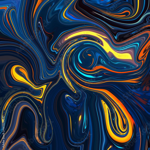 Dynamic abstract swirl in deep blue and yellow tones, with glowing highlights and fluid motion. Great for backgrounds, digital art, or creative projects.