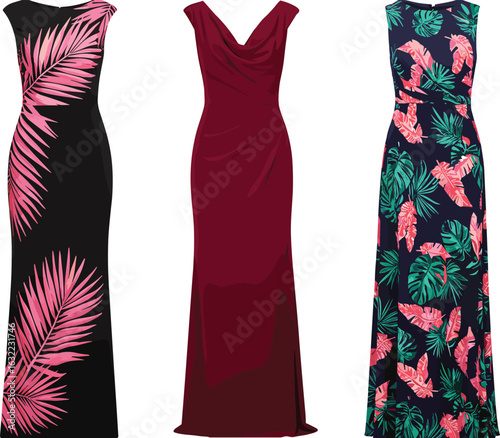 cad drawing flat vector illustration of three elegant long dresses, black tropical print, red evening gown, navy floral maxi design