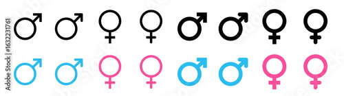Gender icons. Gender symbols. Male and female sign of gender equality icon vector.  Sex gender. Male. Female. Gay. Lesbian, Bisexual. Transgender. Hetero. Vector illustration