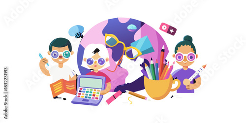Children learning and creating with colorful art supplies and a globe