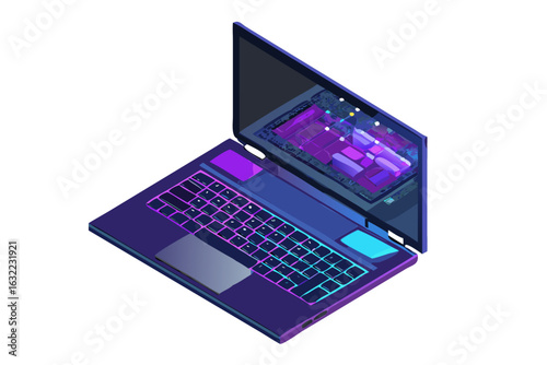 Futuristic isometric laptop with glowing components