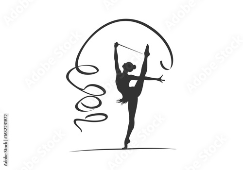Rhythmic Gymnast Silhouette Art – Elegant Ribbon Dance Illustration – Graceful Athletic Wall Decor – Artistic Sport Pose Design – Black Vector Artwork

