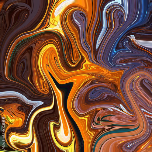 Vivid orange and brown abstract swirl with flowing shapes, creating a fiery, molten effect. Perfect for backgrounds, art, or creative design projects.