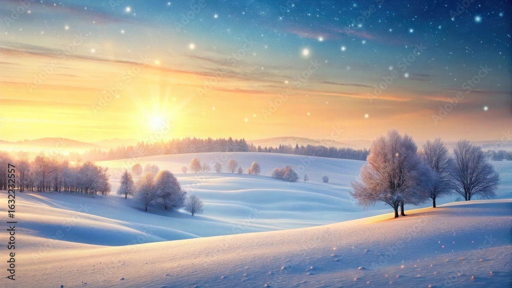 Serene Winter Sunrise Over Snow-Covered Hills and Frost-Kissed Trees Under a Starlit Sky Serene Winter Sunrise Over Snow-Covered Hills and Frost-Kissed Trees Under a Starlit Sky