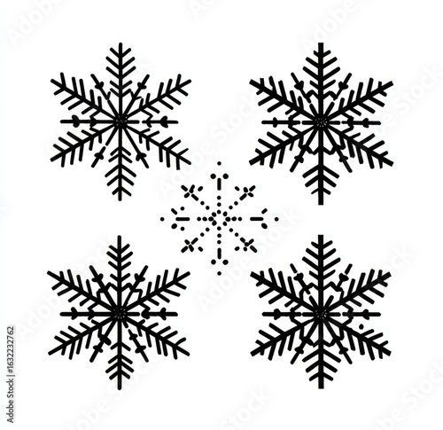 Wallpaper Mural Four stylized snowflakes in black outline, set against a white background.  Each snowflake exhibits a unique, symmetrical pattern of intricate points and lines. Torontodigital.ca