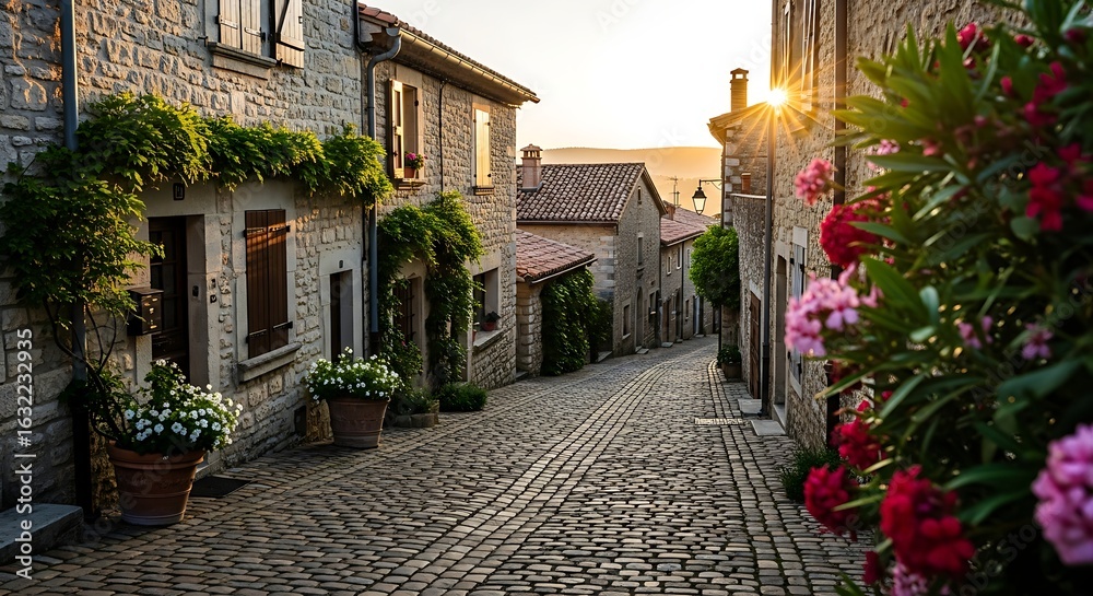 Fototapeta premium Charming european cobblestone alleyway lined with flowers and stone buildings