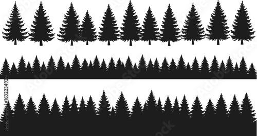 Silhouette pine tree borders, conifer forest vector design, seamless tree pattern, black woodland illustration, nature background, evergreen trees row, landscape graphic art

Art & Illustration