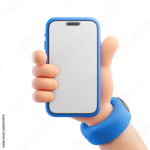 Cartoon hand holding a blue phone with a blank screen