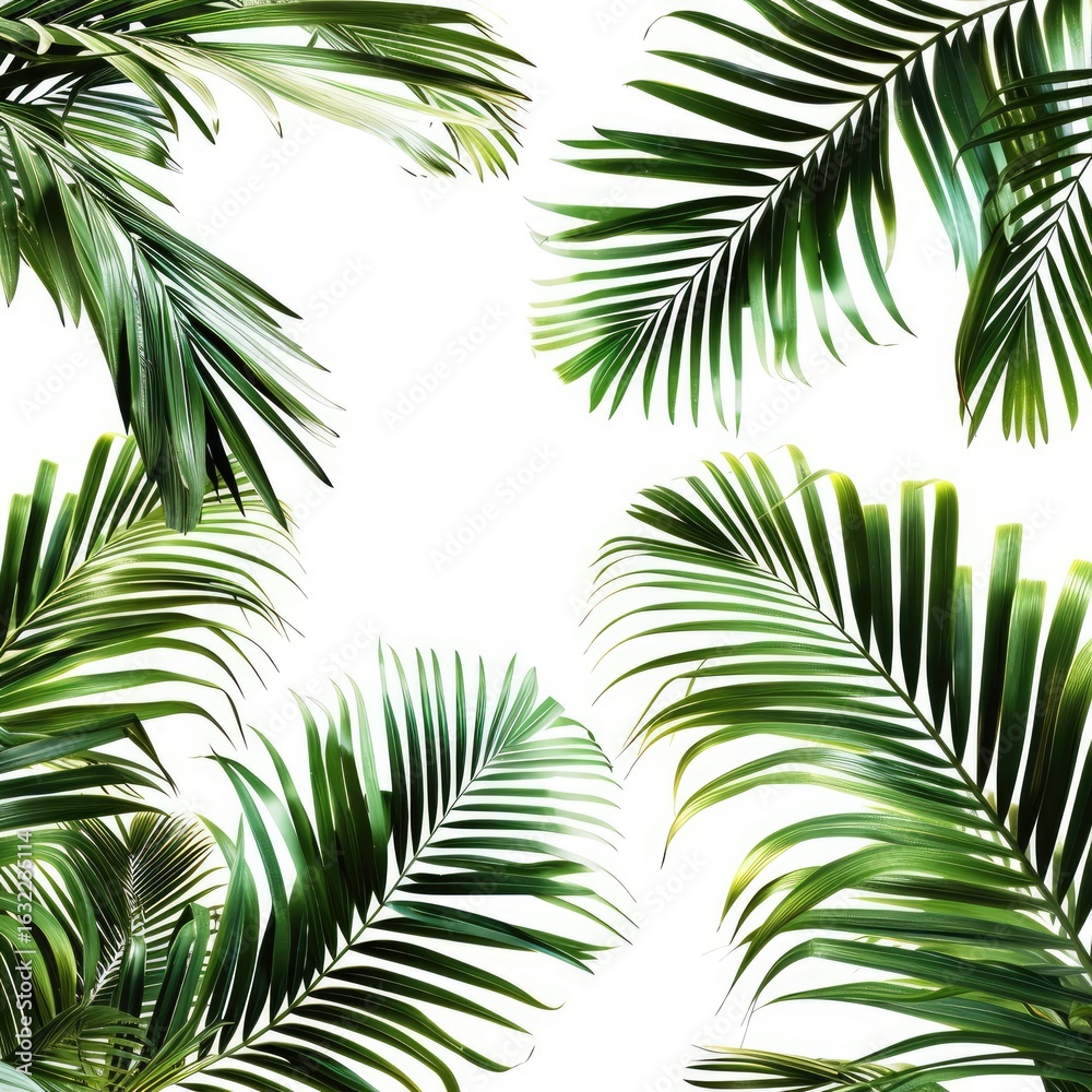Fototapeta premium Tropical palm fronds arranged on a white background