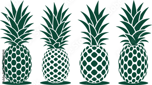 Four Pineapple Vector Illustrations Displaying Different Textures and Patterns for Pineapple Skin in Varying Proportions and Shades of Green