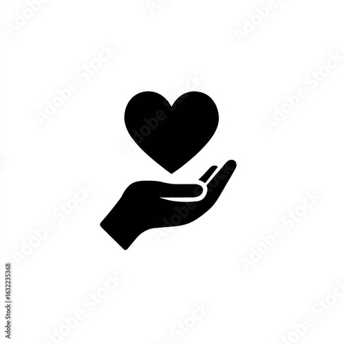 A simple, black silhouette of a heart held within an open hand, on a white background