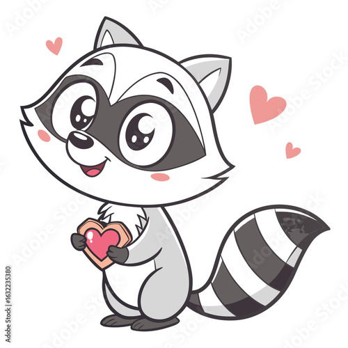 Cute cartoon raccoon holding a heart-shaped treat