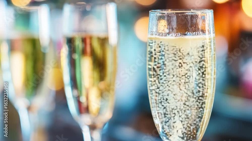 Champagne glasses with golden bubbles