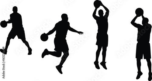 Silhouette of basketball players in action poses, dribbling, jumping, shooting, isolated vector illustration, sports concept, athlete movement, black and white design, dynamic motion

