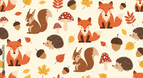 Adorable woodland creatures like foxes, squirrels, and hedgehogs celebrate autumn with leaves, mushrooms, and acorns.