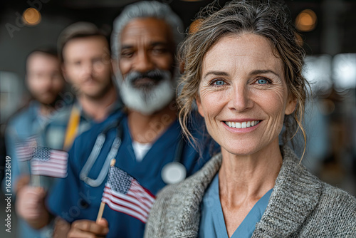 Diverse Group of Professional Workers Holding American Flags for Labor Day and USA Workforce Celebration